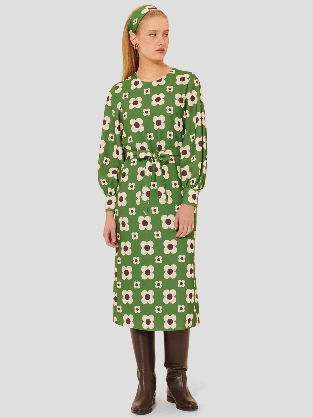 Tara Jarmon Green Floral Tie-Waist Midi Dress